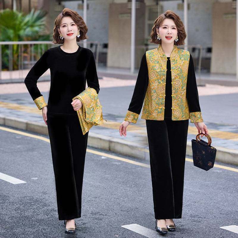 专柜品牌中式妈妈金丝绒国风套装新款洋气女装马甲中老年上衣春秋
