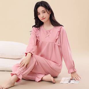 专柜品牌春秋季新款女士睡衣长袖圆领套装宽松全棉家居服女大码薄