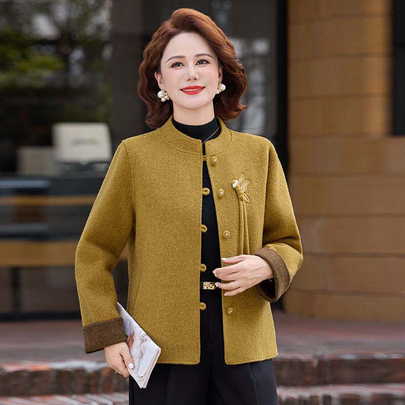 专柜官方新中式双面绒外套女毛呢妈妈圆领小个子国风刺绣减龄宽松