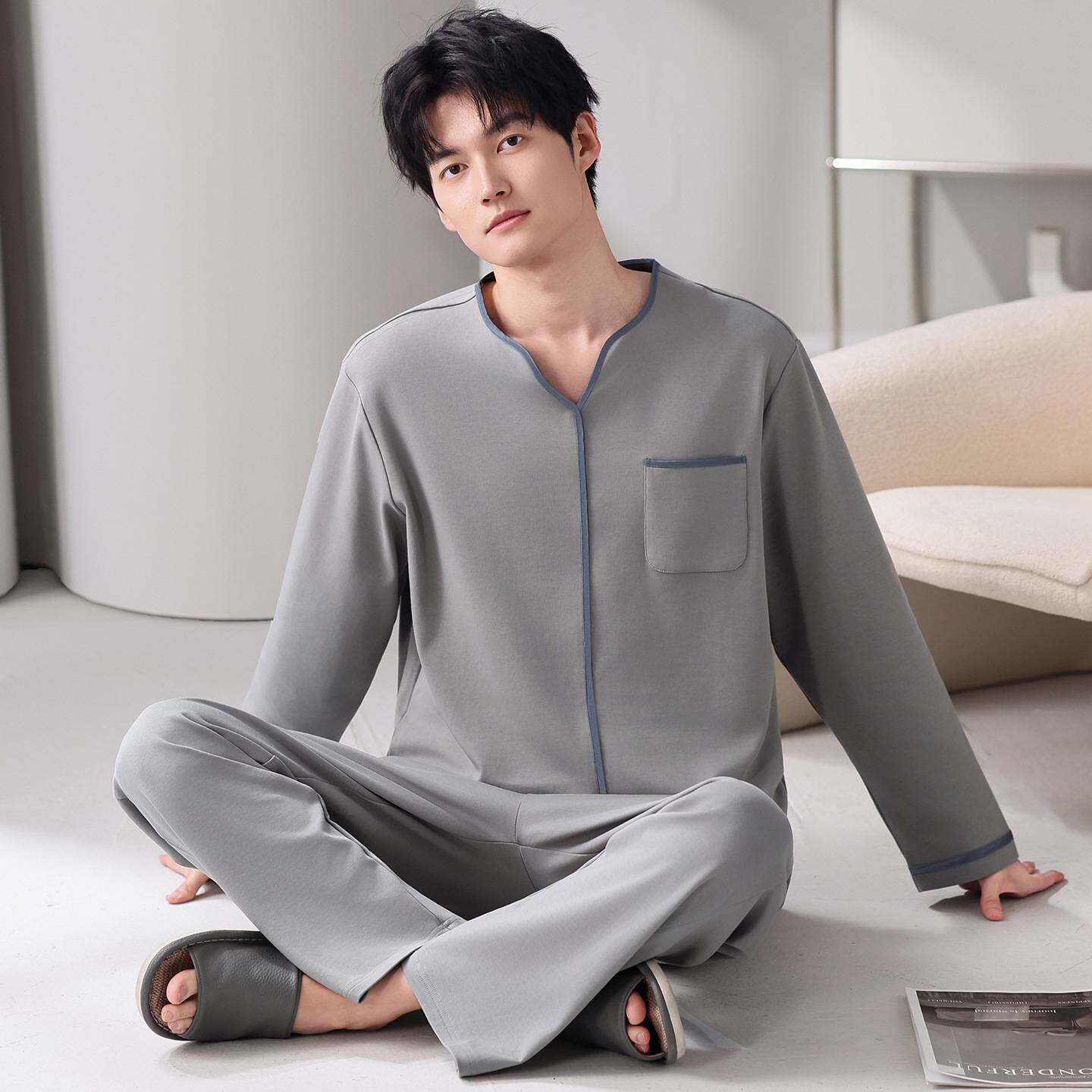 专柜品牌春秋季新款男士睡衣长袖圆领套装全棉100%棉高级感简约家