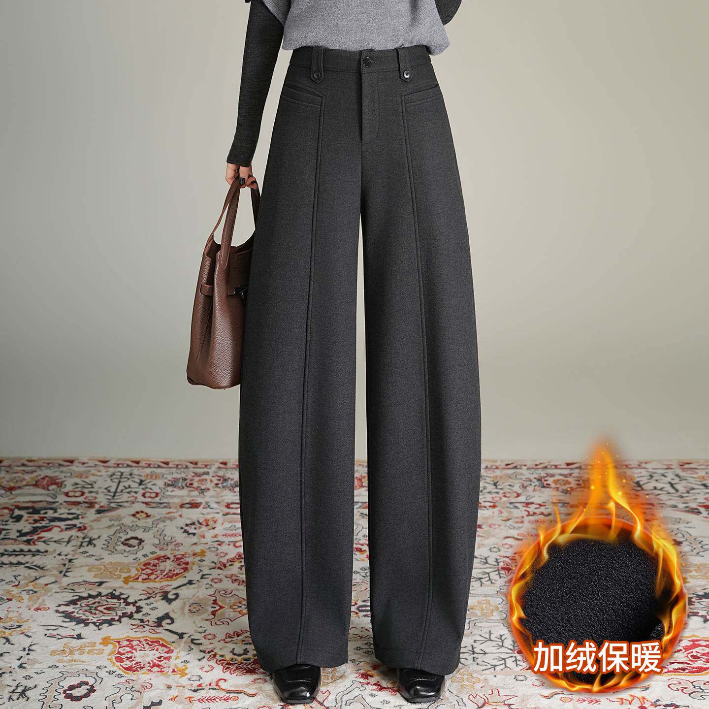 专柜官方羊毛高腰弯刀阔腿裤女2026秋冬季新款宽松加厚显瘦直筒裤