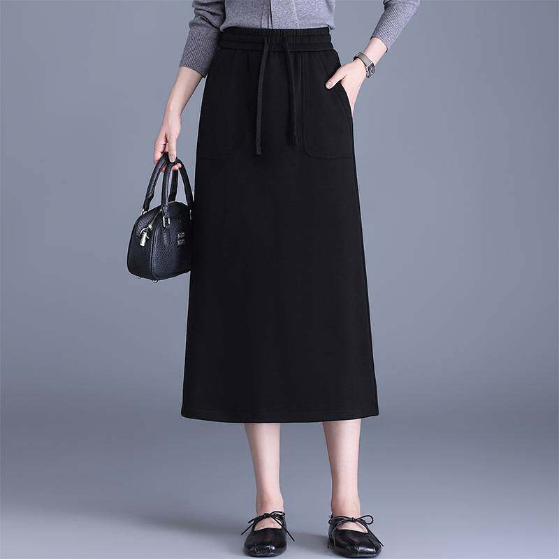 专柜品牌黑色休闲系带半身裙女2026春秋新款高腰包臀裙中长修身开