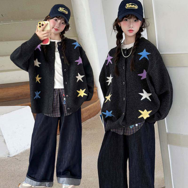 专柜品牌女童多彩星星针织开衫长袖深秋新款中大儿童韩系圆领洋气