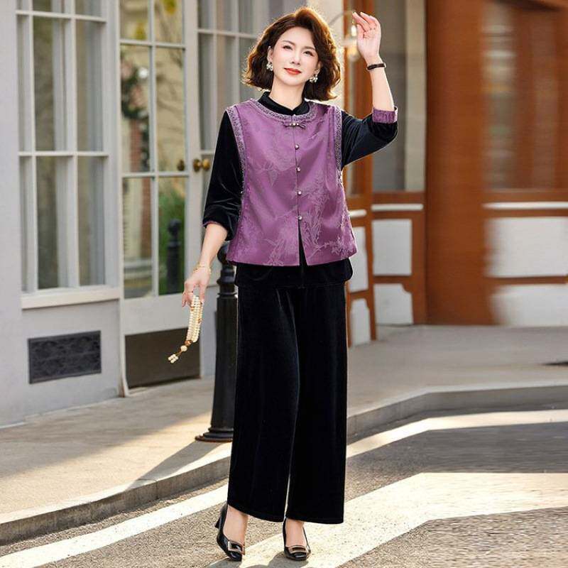 专柜品牌老年妈妈春装套装洋气中老年女装春秋新中式马甲上衣金丝