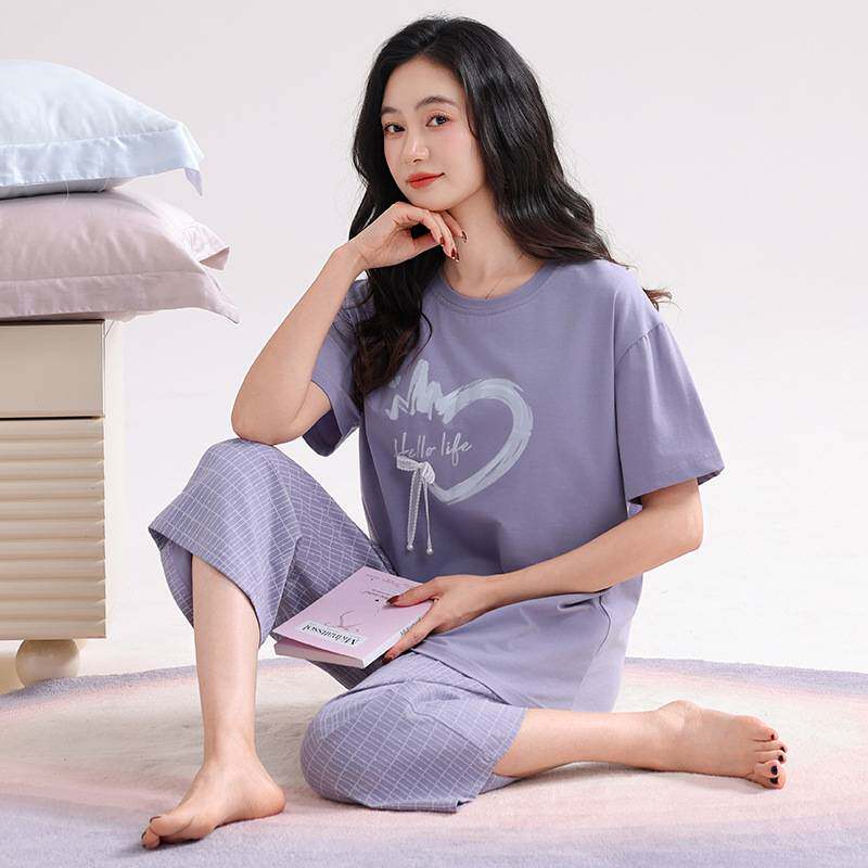 专柜官方2026新款睡衣女款带胸垫纯棉短袖七分裤薄款夏天防凹点家