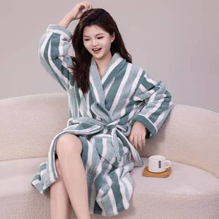 专柜品牌跨境春秋条纹女士睡袍青果领开衫系带宽松日韩版浴袍