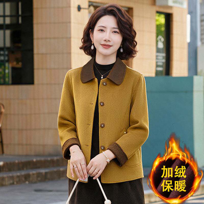 专柜官方妈妈秋冬装毛呢外套女翻领呢子上衣洋气新款中老年双面呢