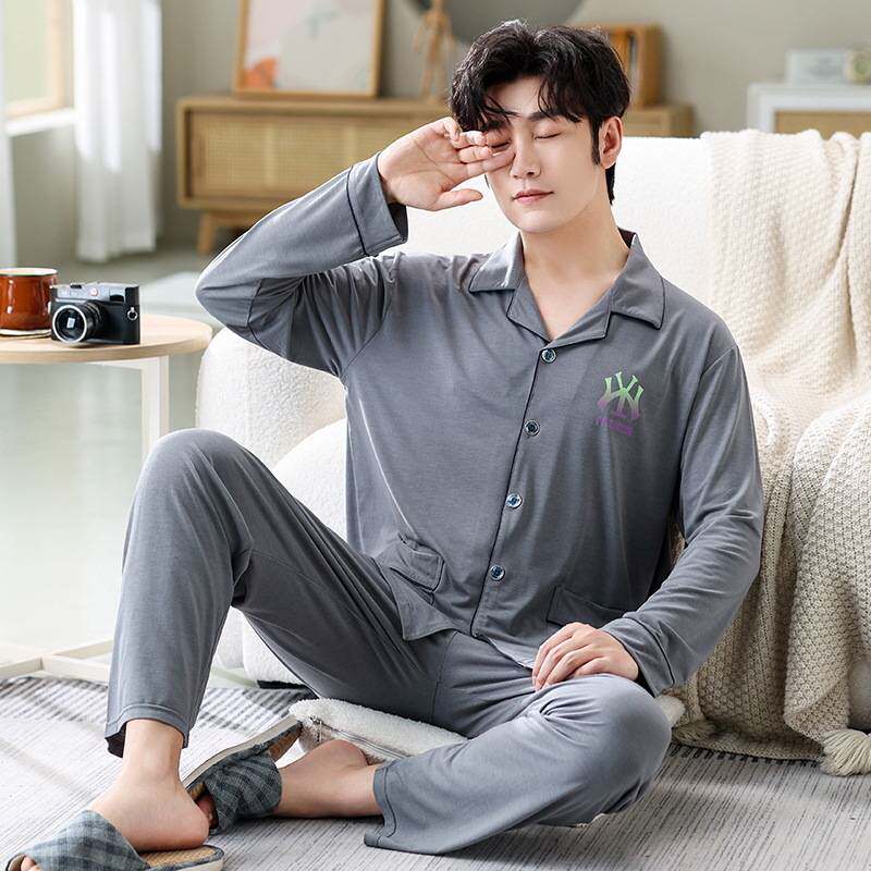 专柜品牌男士睡衣新款春秋季莫代尔长袖开衫套装休闲简约大码宽松