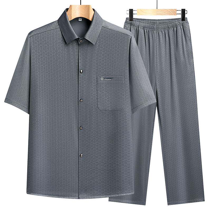 专柜官方爸爸夏装套装夏季冰丝短袖衬衫中老年人上衣服爷爷休闲薄