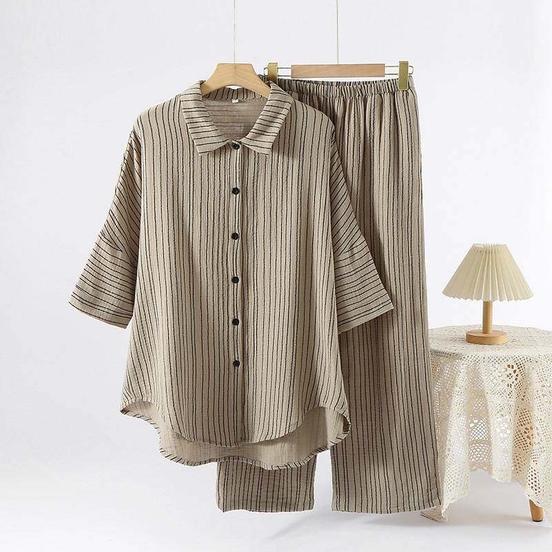 专柜品牌睡衣女 条纹纯棉蝙蝠袖套装 春秋夏新款宽松短袖女家居服