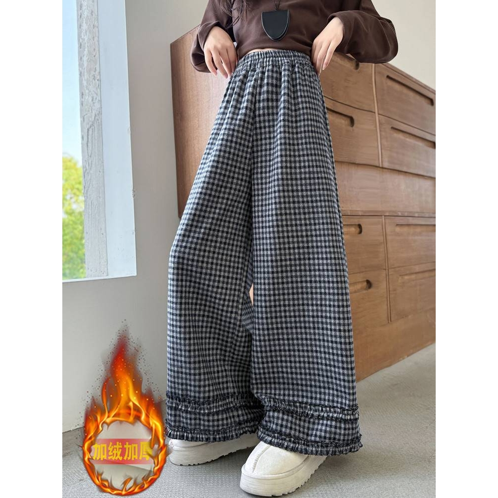专柜品牌女童格子裤2025秋冬加绒加厚儿童中大童宽松洋气阔腿裤女