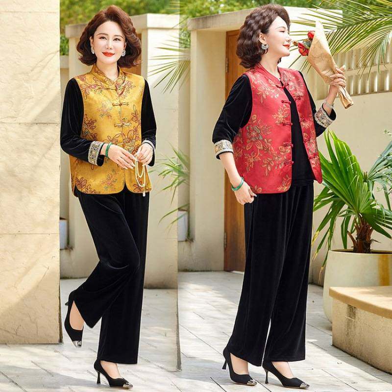 专柜品牌妈妈春装新中式国风马甲三件套新款上档次中老年女装气质