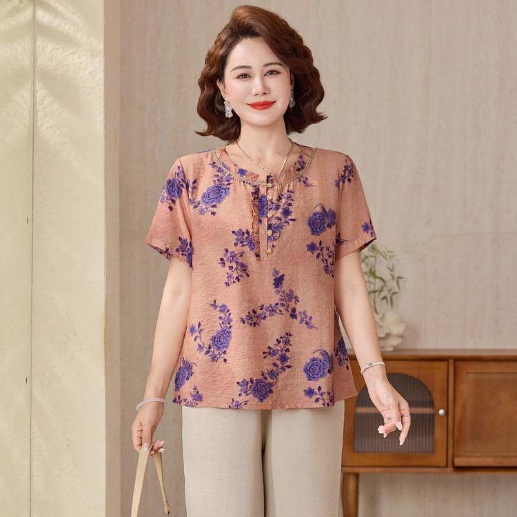 专柜官方妈妈夏装套装2026新款中老年女装圆领印花短袖两件套复古