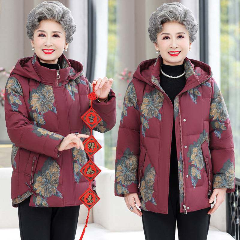 专柜官方妈妈羽绒服女短款洋气奶奶装小棉袄中老年人2026秋冬装花
