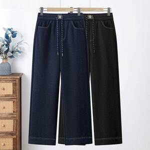 专柜品牌春秋新款弹力牛仔阔腿裤高腰垂感宽松中老年女装裤中年直