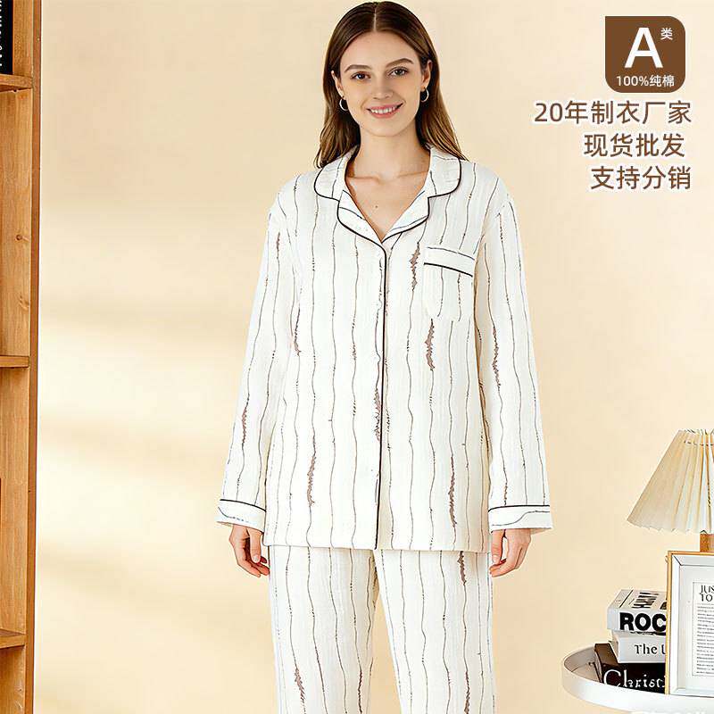 专柜品牌春季新款纯棉睡衣女时尚长袖长裤开衫翻领卡通宽松大码家