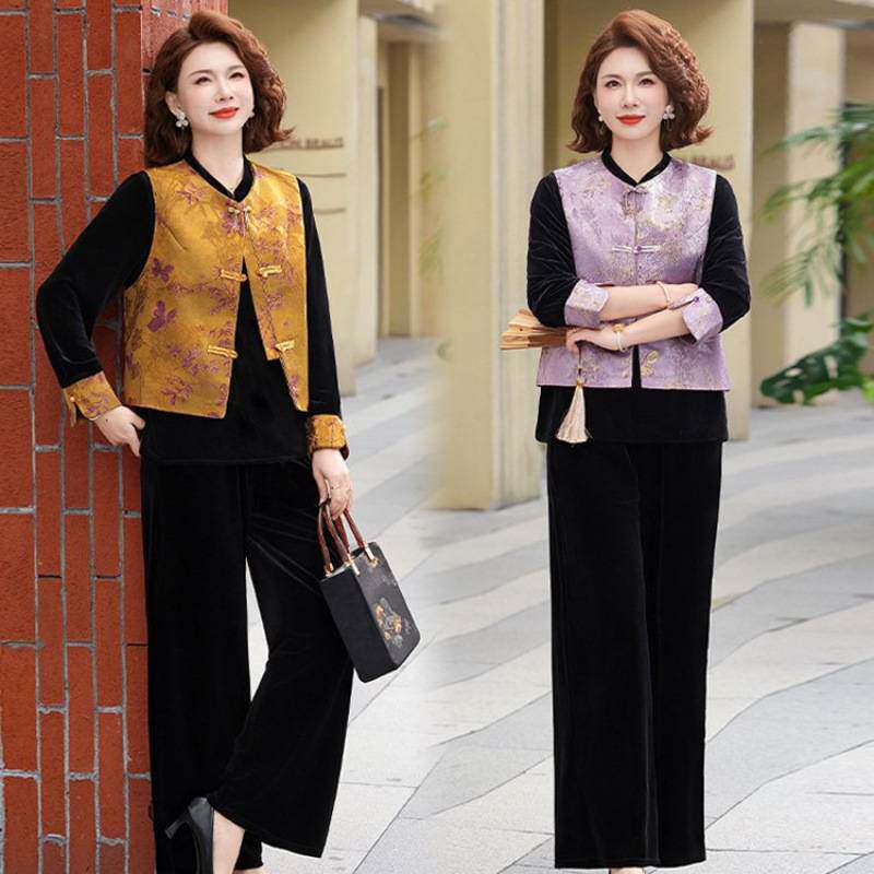 专柜品牌新中式国风妈妈春装金丝绒套装三件套中老年女春秋马甲上