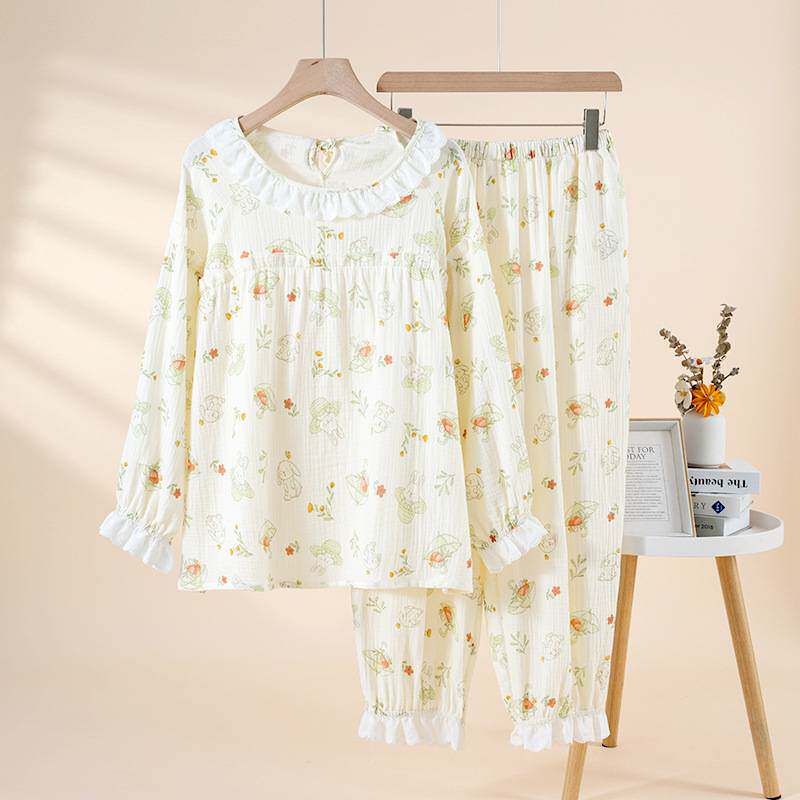 专柜品牌女士睡衣女春秋圆领花边纯棉纱居家服长袖长裤套装宽松大