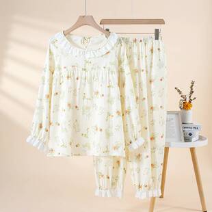 专柜品牌女士睡衣女春秋圆领花边纯棉纱居家服长袖长裤套装宽松大