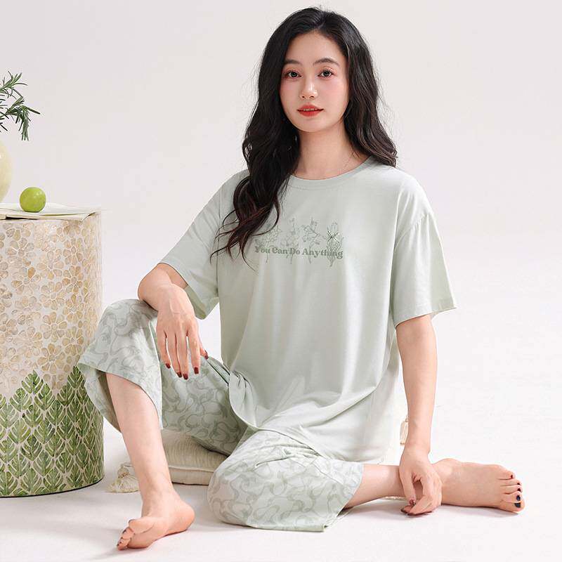 专柜官方纯棉睡衣女款夏季带胸垫短袖七分裤凉感薄款夏天防凹点家