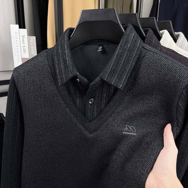 专柜品牌冬季男士加绒T恤假两件爸爸装加厚毛衣翻领长袖保暖衣t恤