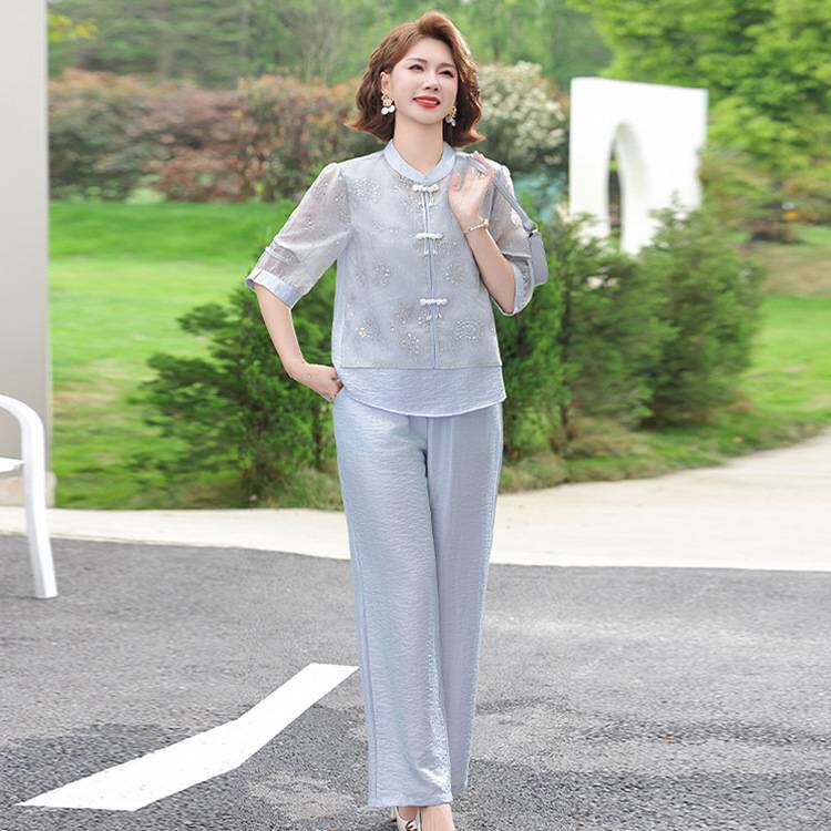 专柜官方妈妈夏装套装中老年女士端庄大气夏季短袖时尚盘扣衬衫裤