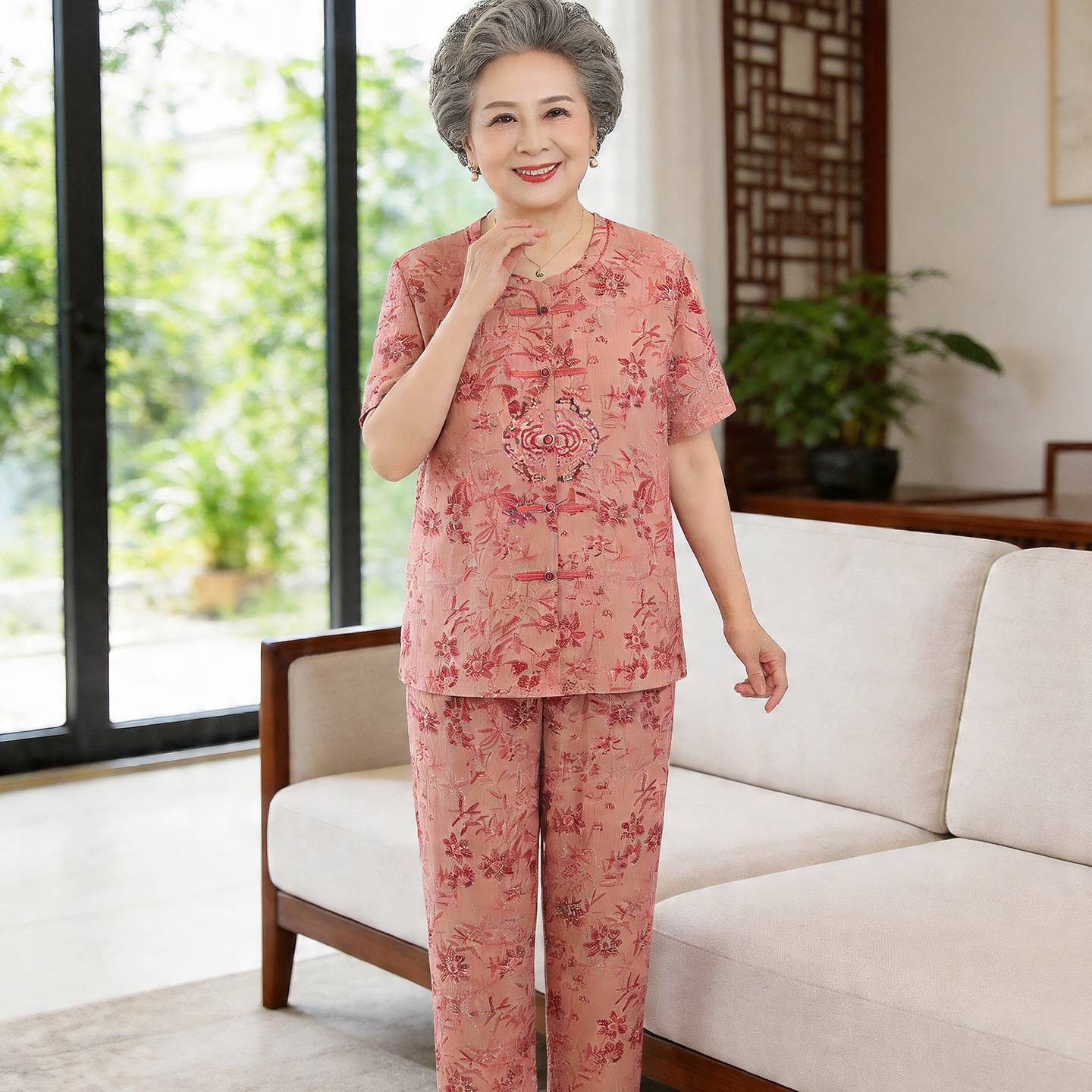 专柜官方中老年人女装舒适休闲两件套老年人碎花圆领短袖奶奶夏季