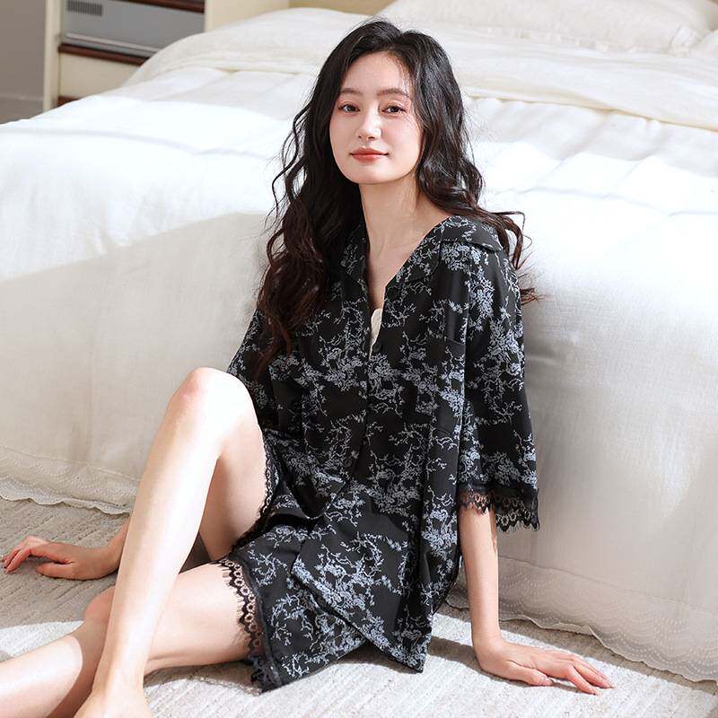 专柜官方莫代尔睡衣女夏季薄款2026新款黑色蕾丝边开衫短袖短裤家