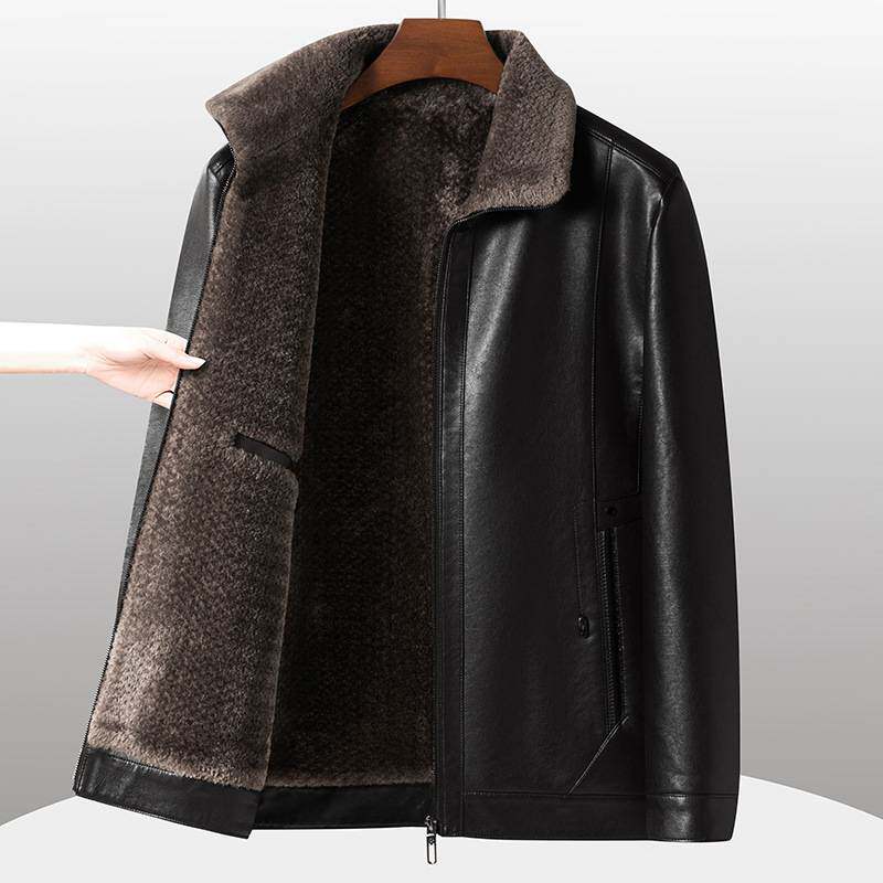 专柜品牌冬款加绒加厚翻领皮外套男士高端软皮夹克中老年爸爸大码