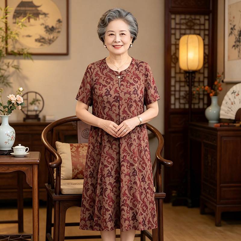专柜官方中老年女装老太太短袖连衣裙妈妈夏季圆领碎花洋气休闲中