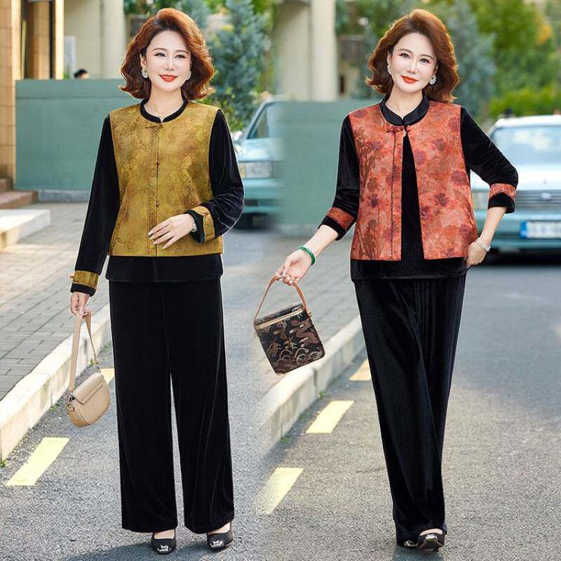 专柜品牌妈妈春秋装印花高端马甲新中式中老年女装春秋国风三件套