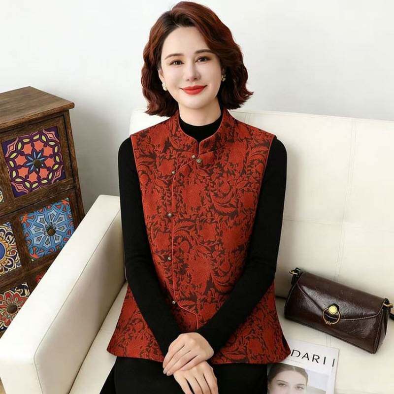 专柜品牌女士春秋国风无袖马甲提花复古坎肩上衣妈妈装春季新中式