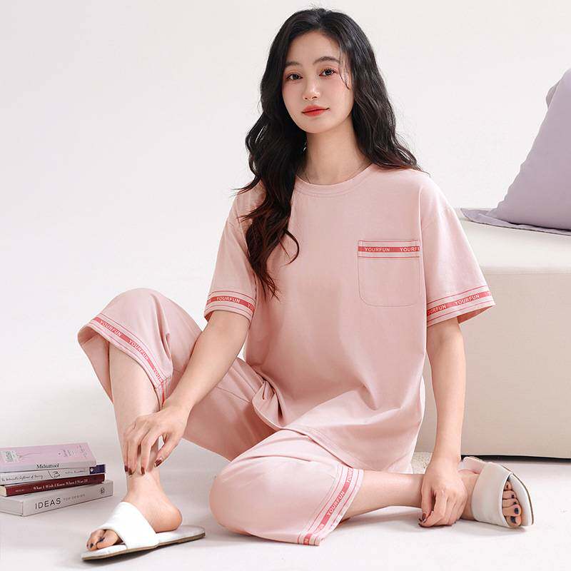 专柜官方带胸垫一体睡衣女2026新款夏季凉感薄款纯棉短袖七分裤家