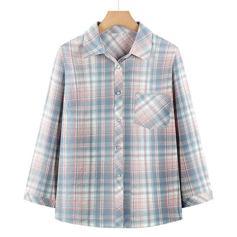 专柜品牌纯棉女士衬衫春秋2026新款中年妈妈时尚格子衬衣全棉翻领