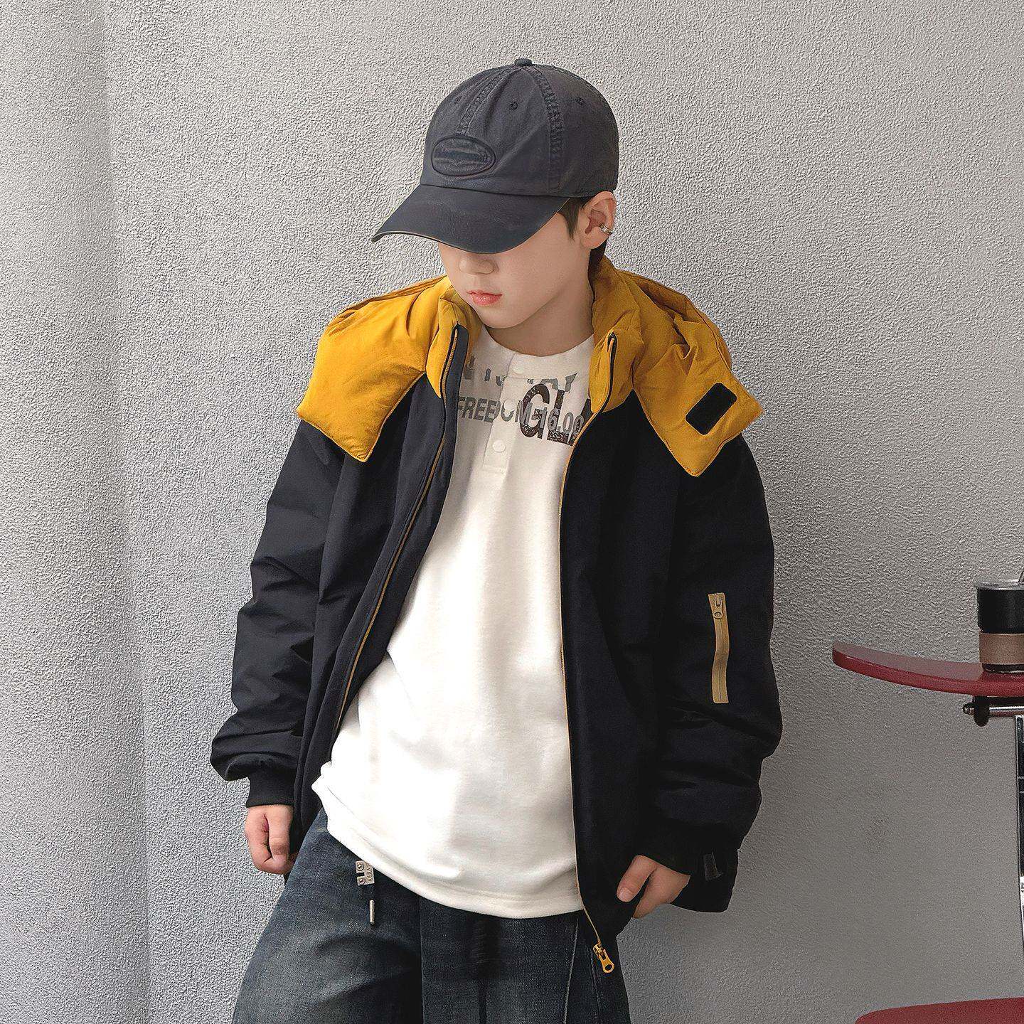 专柜品牌男童撞色连帽棉服加厚秋冬装男孩潮范韩版保暖棉衣大童时
