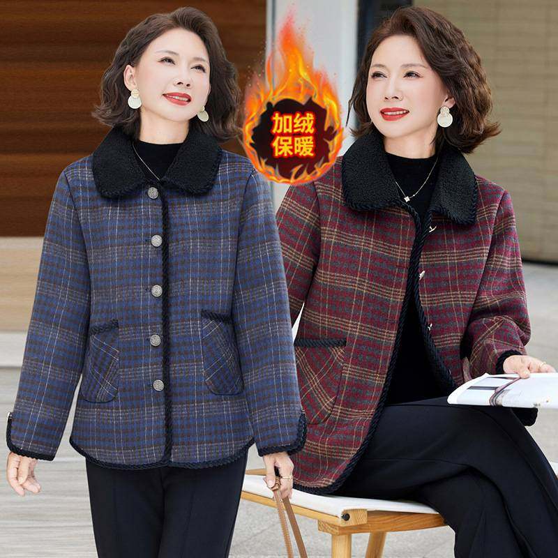 专柜品牌中老年女装洋气保暖翻领呢子上衣妈妈装秋冬装加绒格子毛