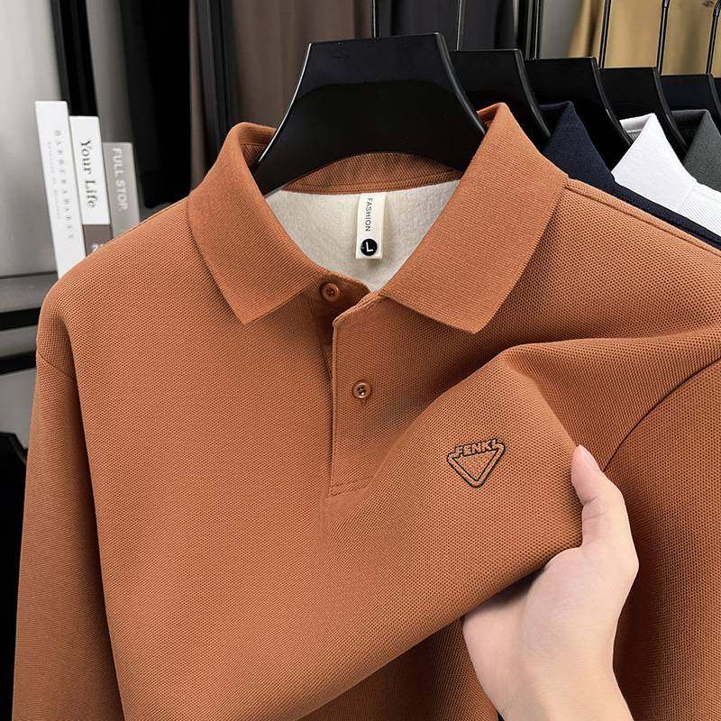 专柜品牌2025冬季新款中年男士翻领加绒加厚长袖翻领T恤衫保暖上