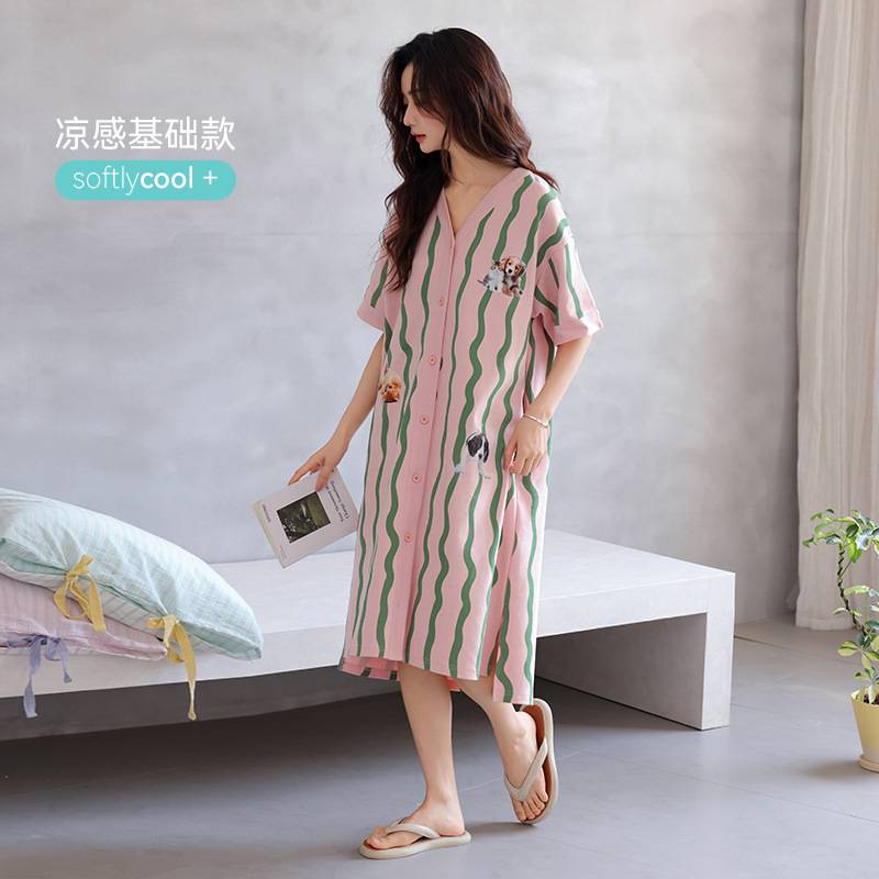 专柜官方睡裙女夏季纯棉短袖中长款连衣裙睡衣条纹卡通休闲新款夏