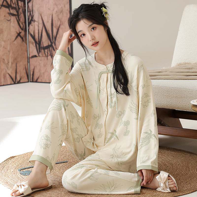 专柜品牌春秋季睡衣女拉架棉新款国风长袖长裤套装大码开衫外穿家