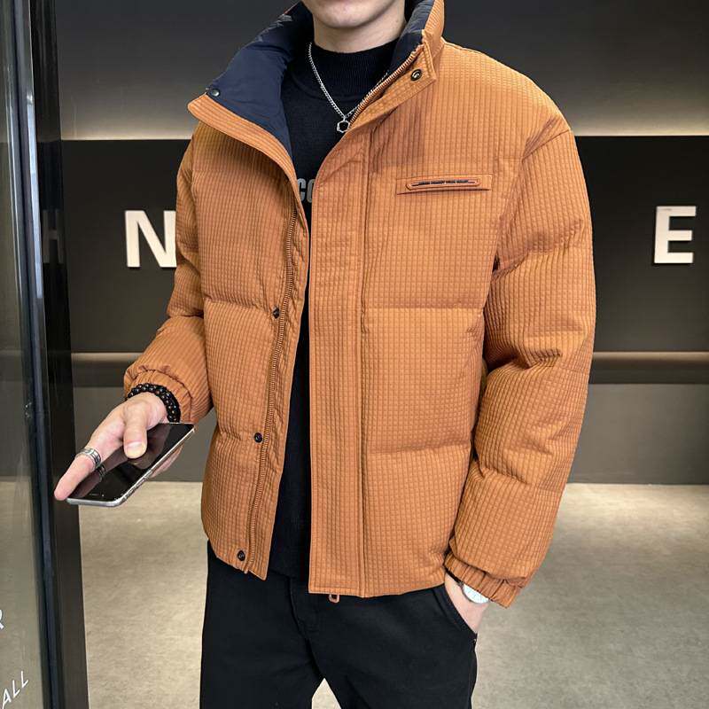 专柜品牌格子羽绒服男装新款冬季外套男士鸭绒立领夹克短款潮牌加