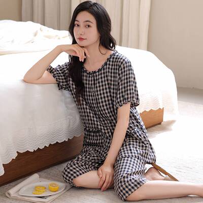 专柜官方梭织棉纱布睡衣女夏季纯棉短袖七分裤薄款大码中年妈妈全
