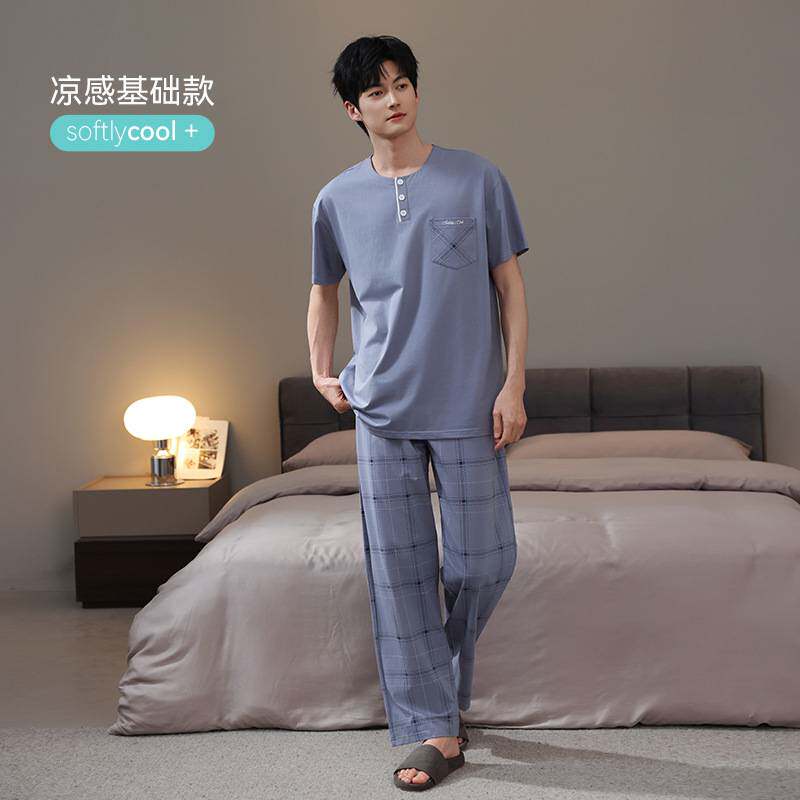 专柜官方纯棉男士睡衣夏季短袖短裤薄款夏天可外穿大码男款家居服