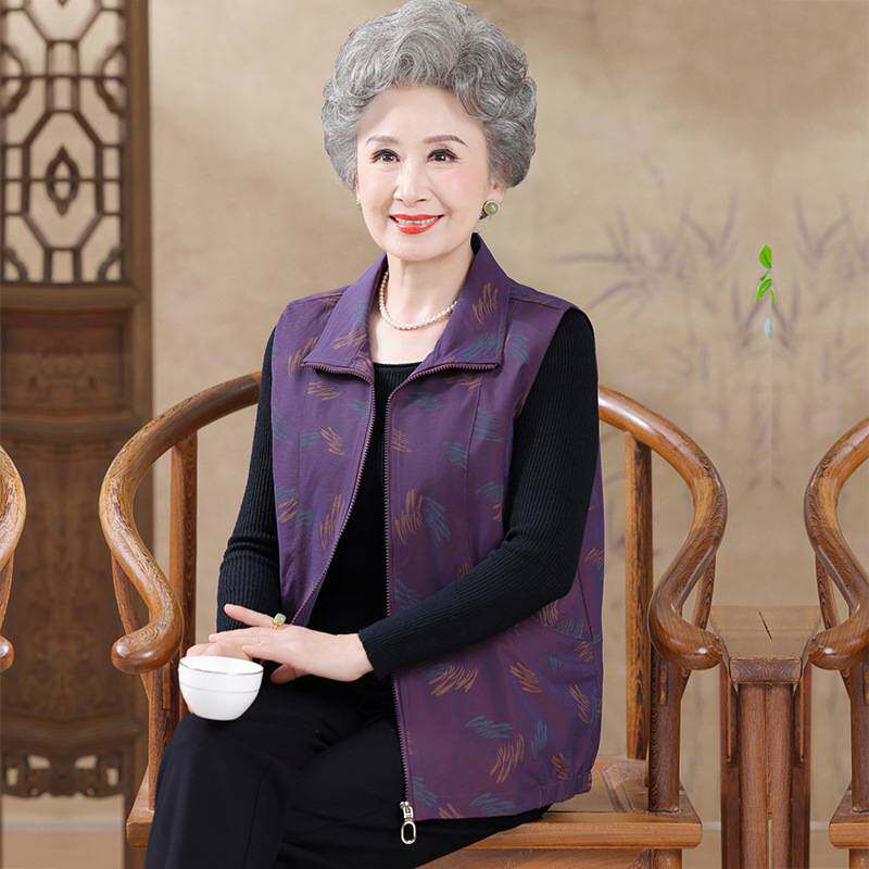 专柜品牌奶奶拉链衫春秋马夹老太太夹克坎肩薄外套老年人女装翻领