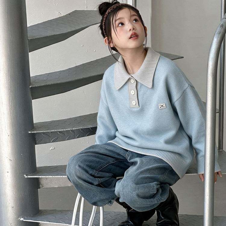 专柜品牌女童POLO领针织衫韩版简约时尚翻领毛衣女孩洋气休闲秋冬