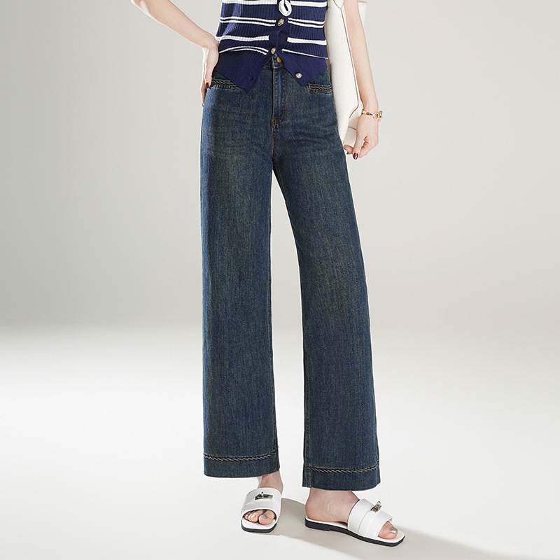 专柜品牌深蓝色窄版直筒牛仔裤女2026春夏季新款女裤高腰显瘦小个