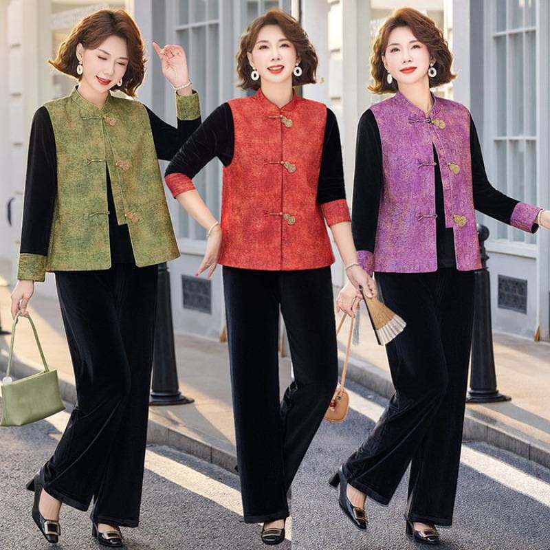 专柜品牌新中式妈妈春装套装端庄大气中老年人女装春秋国风马甲外