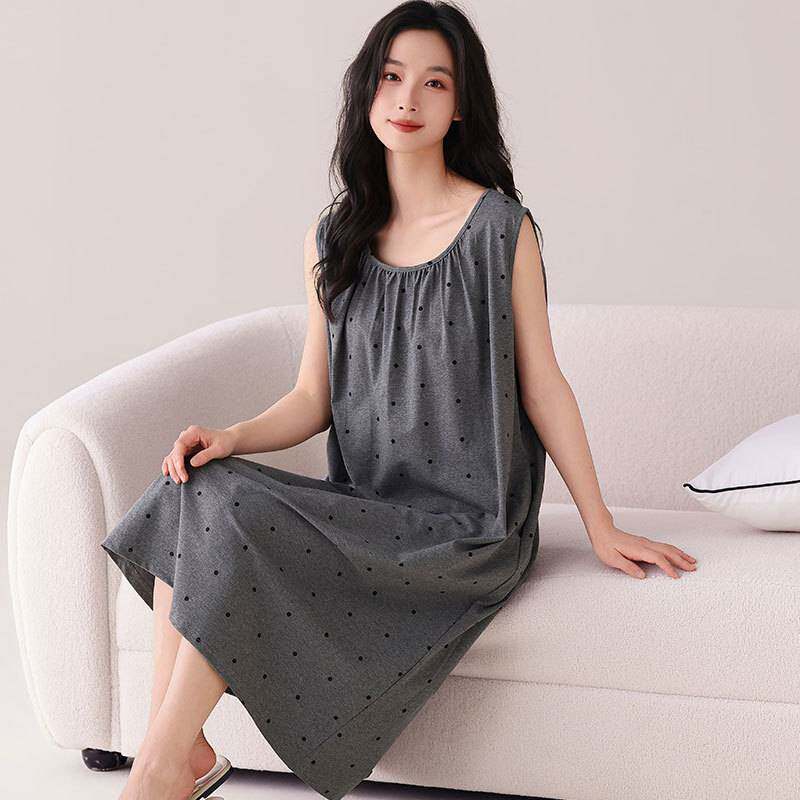 专柜官方带胸垫睡裙女士纯棉夏季波点背心睡衣裙薄款宽松夏天连衣