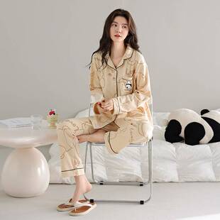 专柜品牌春秋季双面纯棉女士睡衣100%棉长袖开衫印花全棉家居服女