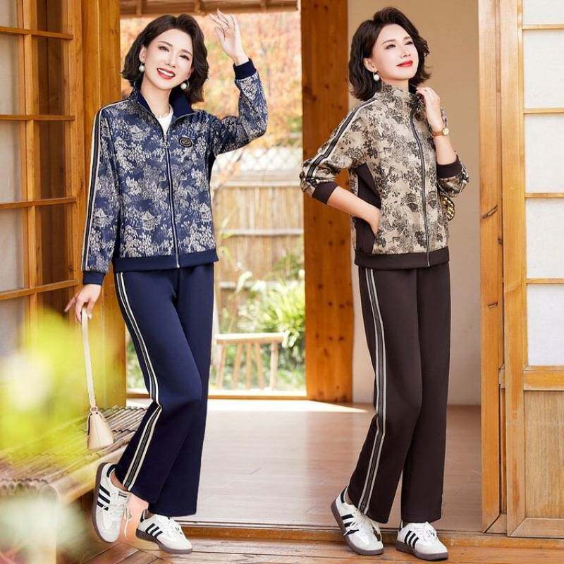专柜品牌中老年女装春秋立领青花瓷提花拉链外套洋气妈妈装休闲套