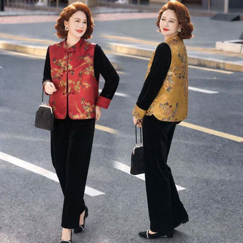 专柜品牌新中式妈妈装春季三件套新款国风中老年女装春秋马甲上衣
